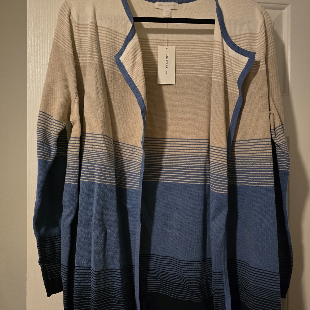 Charter Club Women's Blue and Cream Striped Cardigan